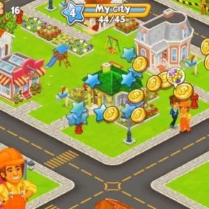 A screenshot of Cartoon City 2 gameplay showing various buildings and a train.
