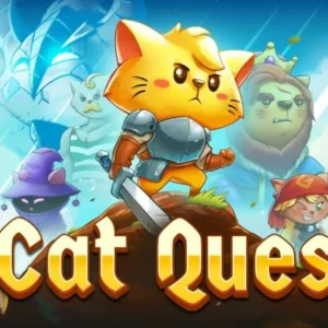 A screenshot of Cat Quest gameplay showcasing the colorful world and the cat protagonist fighting a monster.