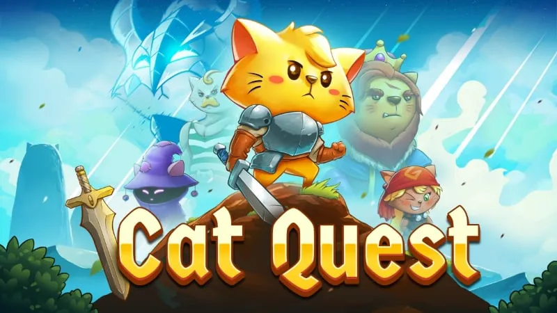 Скриншот из Cat Quest, где главный герой сражается с монстром в ярком и красочном мире.