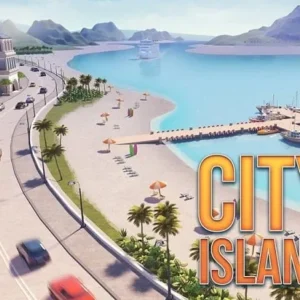 A screenshot of City Island 3 gameplay with various buildings and a tropical setting.
