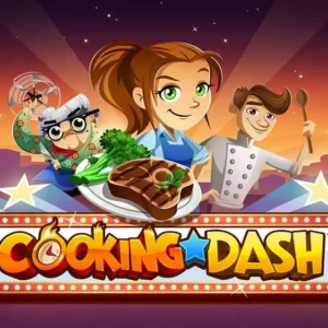 A screenshot of Cooking Dash gameplay, showing a busy kitchen scene with the chef preparing food.