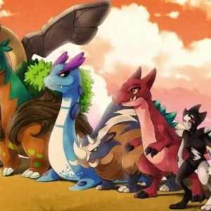 A screenshot of EvoCreo showing a monster battle in a forest setting.