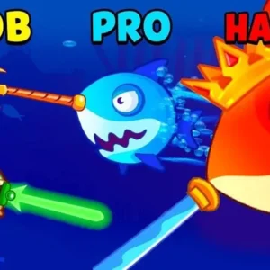 A screenshot of Fish.IO gameplay with various colorful fish competing.