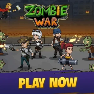 A screenshot of gameplay in Zombie War, showing a character firing a weapon at a horde of zombies.
