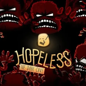 A screenshot of Hopeless: The Dark Cave gameplay showing the yellow blob character shooting at monsters in a dark cave.