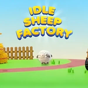 A screenshot of Idle Sheep Factory gameplay, showcasing the sheep farm and factory.