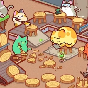 A screenshot of Kitty Cat Tycoon gameplay showing cats crafting furniture.