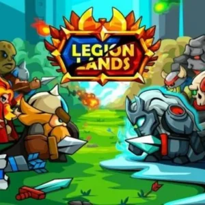 A screenshot of Legionlands gameplay, showing the chessboard-style battlefield and various hero units.