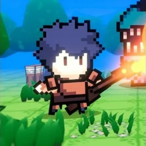 A screenshot of Pixel Hero: Roguelike gameplay showing the pixelated graphics and character surrounded by enemies.