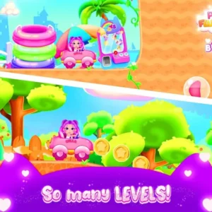 A screenshot of Puffy Fluffies Toy Collector gameplay showing a car driving on a track with colorful scenery.