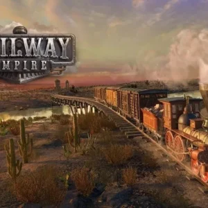 A screenshot of Railroad Empire gameplay showing a train moving through a landscape.