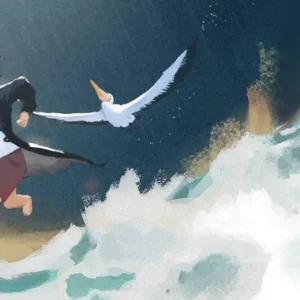 A screenshot of Storm Boy gameplay, showcasing the beautiful beach environment and the protagonist interacting with a pelican.
