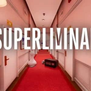 A screenshot of Superliminal gameplay showing a surreal room with oversized objects.