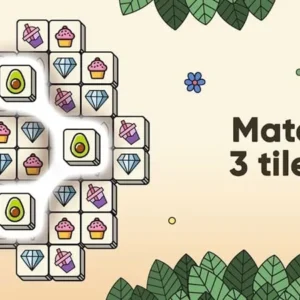 A screenshot of the 3 Tiles Match game displaying various colorful tiles with images of fruits and animals.
