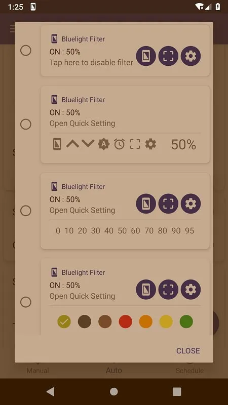 A screenshot of the Bluelight Filter for Eye Care app displaying different color options.