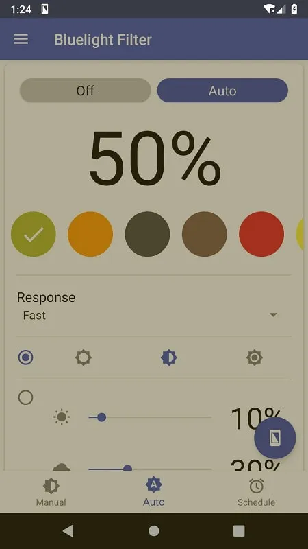 A screenshot of the Bluelight Filter for Eye Care app with a warm color filter activated.