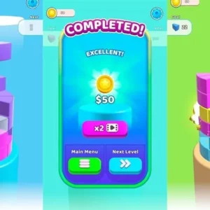 A screenshot of the Color Wall 3D game showing colorful blocks being stacked.