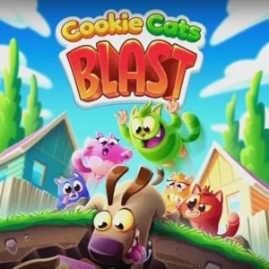A screenshot of the Cookie Cats Blast game featuring colorful blocks and cute cats.