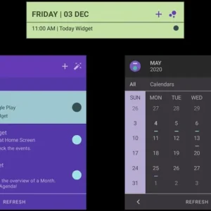 A screenshot of the Everyday Calendar Widget app displaying various colorful calendar widgets.
