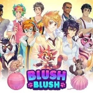 A screenshot of the game Blush Blush showing the main character surrounded by several male characters.