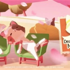 A screenshot of the game Dear My Cat showing a cat sitting on a cloud island.