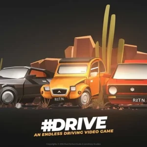 A screenshot of the game #DRIVE showing a classic car driving on a desert road.
