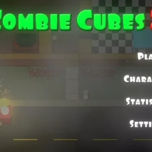 A screenshot of the game Zombie Cubes 2 showing the player character surrounded by cube-shaped zombies.