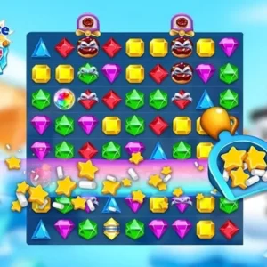 A screenshot of the gameplay in Jewel Ice Mania, showing colorful jewels and an icy background.