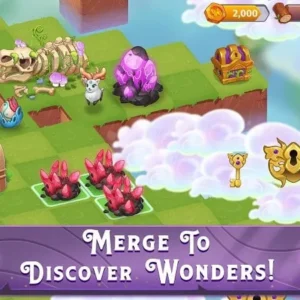 A screenshot of the gameplay in Merge Magic, showing colorful creatures and a vibrant garden.