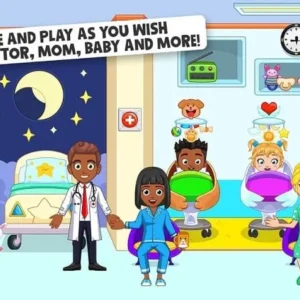 A screenshot of the gameplay in My City: Hospital, showing a character interacting with a baby.