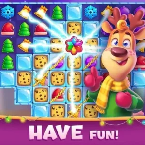 A screenshot of the gameplay of Christmas Sweeper 4, showing a match-3 puzzle with Christmas-themed items.