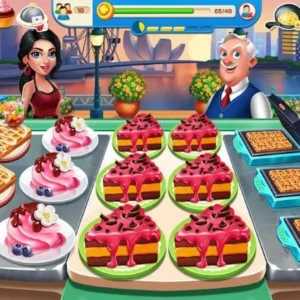 A screenshot of the gameplay of Cooking Travel, showing a food truck and various food items.