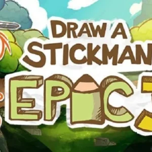 A screenshot of the gameplay of Draw a Stickman EPIC 3, showing the stickman character in a colorful environment.