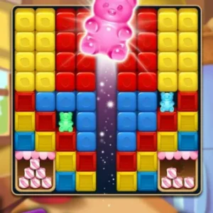 A screenshot of the gameplay of Hello Candy Blast, showing colorful candies arranged on a grid.