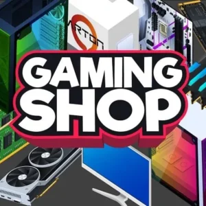 A screenshot of the Gaming Shop Tycoon game showing the interior of a shop with various computer components displayed.