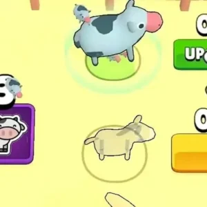 A screenshot of the Grass Eater game showing a vast grassland and a character cutting grass with an animal.