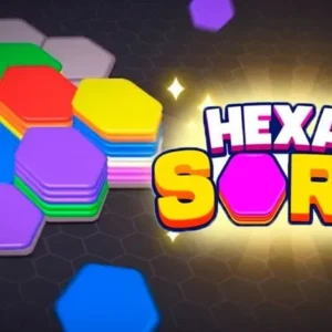 A screenshot of the Hexa Sort game with colorful hexagons arranged on tubes.