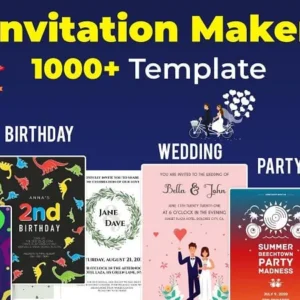 A screenshot of the Invitation Card Maker app showing various card templates.