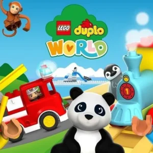 A screenshot of the LEGO DUPLO WORLD app showing a child interacting with virtual LEGO blocks.