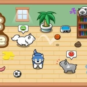 A screenshot of the Pet Idle game showing various animals in a home setting.