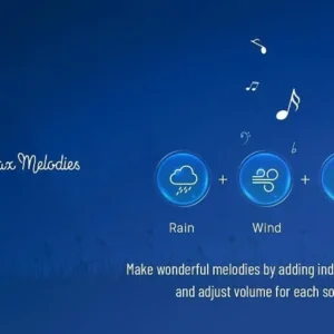 A screenshot of the Relax Melodies app interface showing various nature sounds and white noise options.