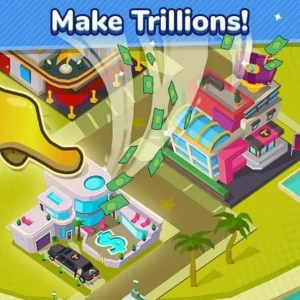 A screenshot of the Taps to Riches game showing a cityscape.