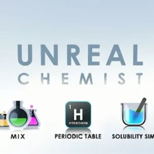 A screenshot of the Unreal Chemist app showing a virtual lab with various chemicals and equipment.