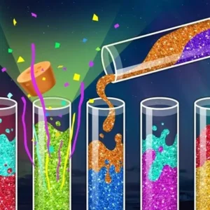 A screenshot of the Water Sort Puzzle game showing colorful vials.