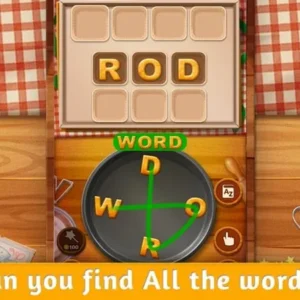 A screenshot of the Word Search game showing a grid of letters and a list of food-related words to find.