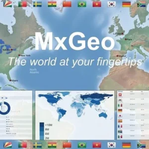 A screenshot of the World Atlas MxGeo Pro app displaying a world map.