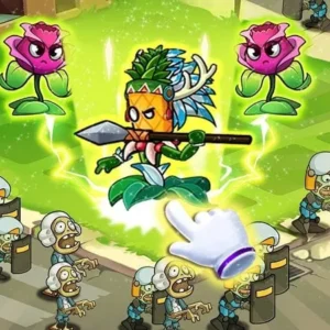 A screenshot of Zombie Farm gameplay showing various plants attacking zombies.