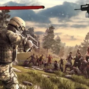 A screenshot of Zombie Frontier 3 gameplay, showing the player aiming down the sights of a rifle at a group of zombies in a city street.
