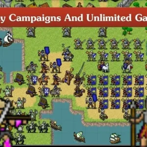 A screenshot showcasing the gameplay of Age of Strategy, with armies clashing on a pixelated battlefield.