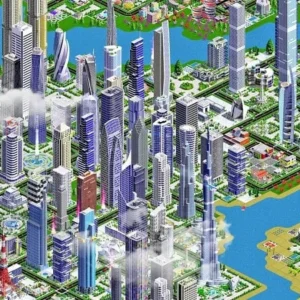 A screenshot showcasing the gameplay of Designer City 2 with various buildings and roads.